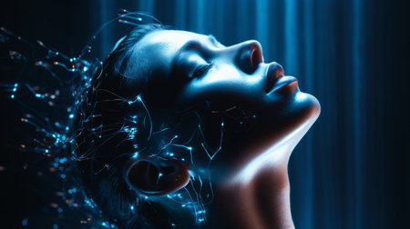 a womans head is covered in blue lights and wiresの素材