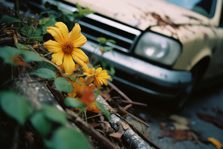 a yellow flower is in front of an old carの素材