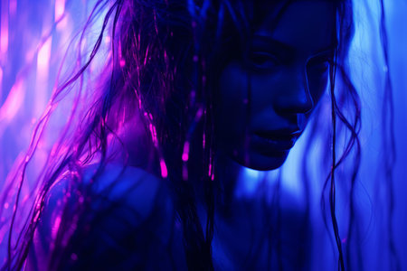 a woman with long hair in the dark with neon lightsの素材