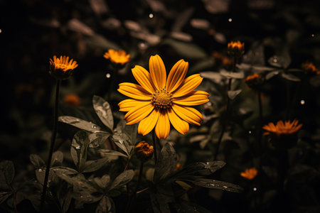 a yellow flower in the rain on a dark backgroundの素材