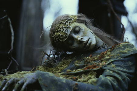 a woman with green makeup laying on the groundの素材