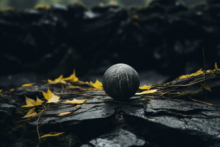 an egg sitting on top of a rock in the middle of a forestの素材