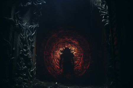 an image of a demon standing in front of a dark doorの素材
