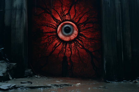 an image of a red eye in a dark roomの素材