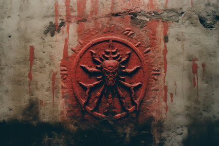 an image of a red spider on a wall with blood on itの素材