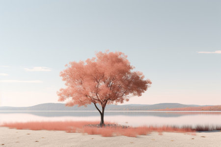 an image of a tree on the shore of a lakeの素材