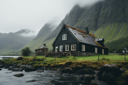 an old black house sits on the side of a mountainの素材