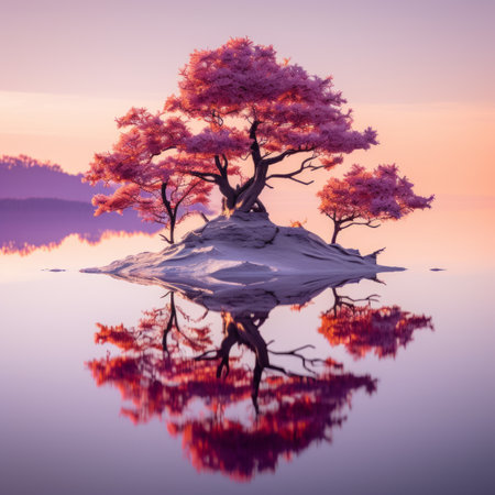 an island with a pink tree in the middle of the waterの素材