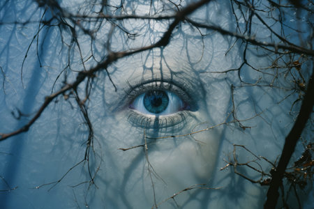 an image of a womans eye through a treeの素材