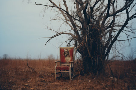 an old chair sitting in front of a bare treeの素材