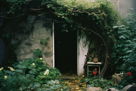 an open door is surrounded by plants and flowersの素材