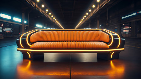 an orange couch in a dark room with neon lightsの素材
