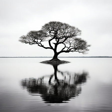 black and white photograph of a tree on an island in the middle of a lakeの素材