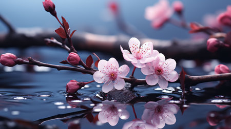 cherry blossoms on a branch in water with droplets of waterの素材