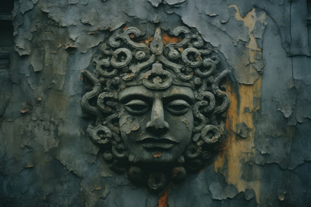 an old mask on a wall with peeling paintの素材