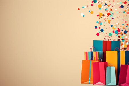 colorful shopping bags and confetti on a beige backgroundの素材