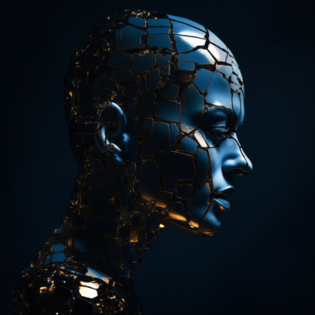 an image of a womans head with broken pieces of metal on itの素材