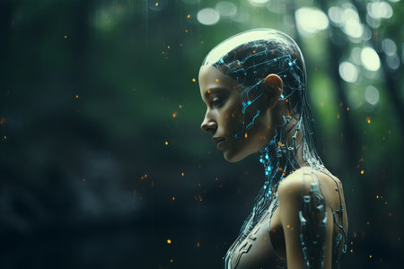 a woman in a futuristic suit standing in front of a forestの素材