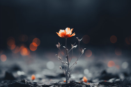 a single orange flower growing out of the groundの素材