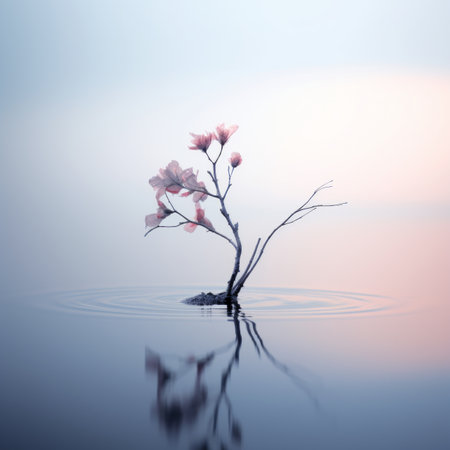 a single pink flower is floating on top of a body of waterの素材