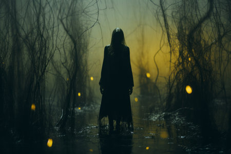 a person standing in the middle of a swamp at nightの素材