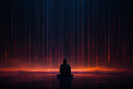 a person sitting in the middle of the water with red and blue lights behind themの素材