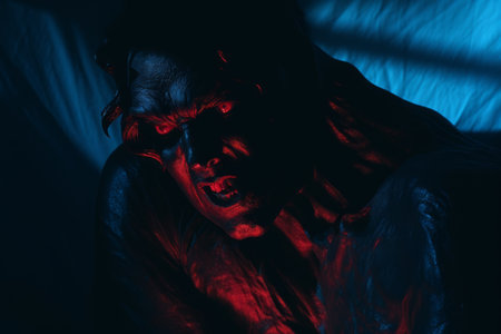 a man with red eyes in the darkの素材