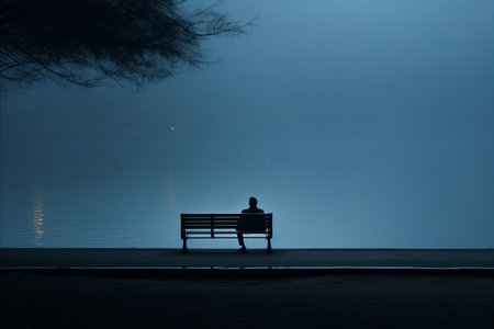 a person sitting on a bench by the waterの素材