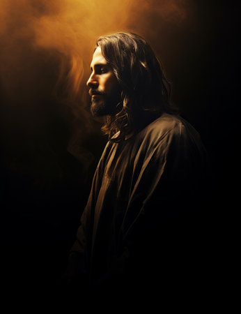 a man with long hair and beard standing in front of smokeの素材