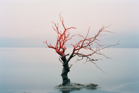 a lone red tree in the middle of the oceanの素材