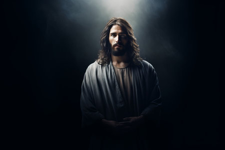jesus standing in front of a dark backgroundの素材