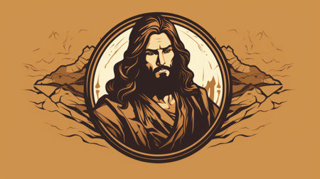 jesus in a round frame on a brown backgroundの素材