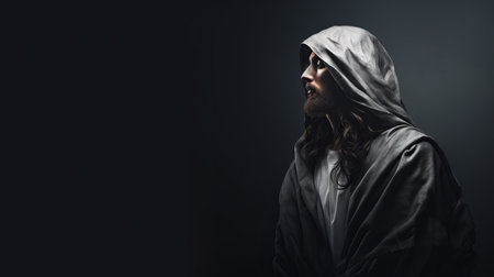 jesus in a hooded robe on a dark backgroundの素材
