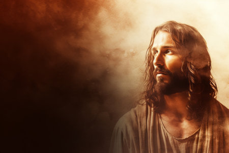 jesus in a brown background with smoke coming out of his mouthの素材