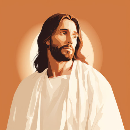jesus in a white robe on an orange backgroundの素材