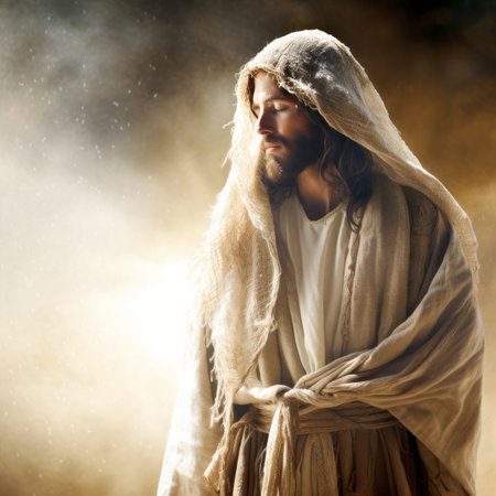 jesus in a robe standing in front of the sunの素材