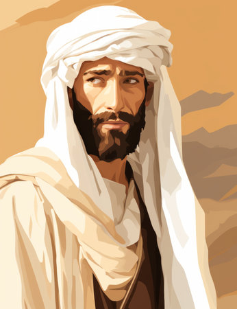 jesus in the desert with a beard and white turbanの素材