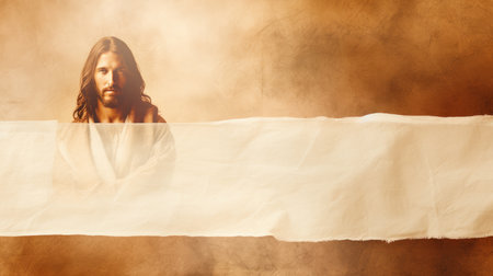 jesus is holding a piece of paper in front of a brown backgroundの素材