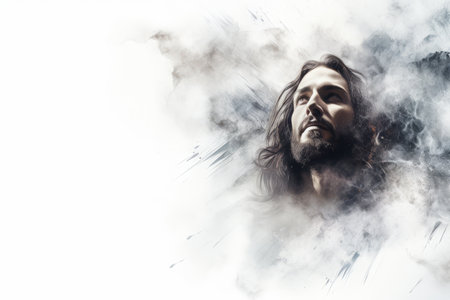 jesus in the clouds with smoke coming out of his headの素材