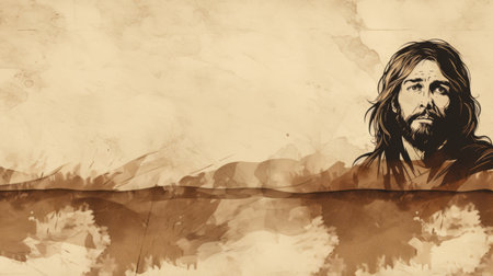 jesus is depicted in a painting on a brown backgroundの素材