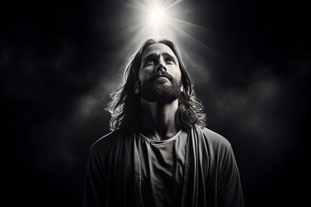 jesus standing in front of a dark background with a light shining above himの素材
