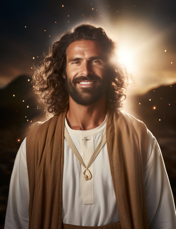 jesus smiling in front of the sunの素材