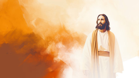 jesus is standing in front of an orange and white backgroundの素材