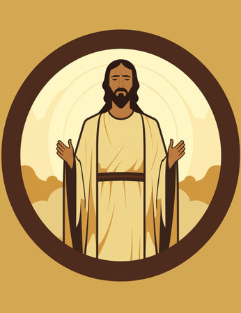 jesus is standing in front of a circle with clouds in the backgroundの素材