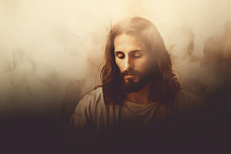 jesus is sitting in front of a wall with smoke coming out of his mouthの素材