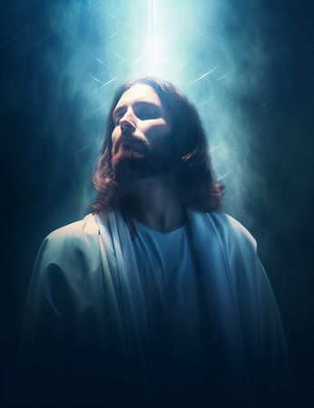 jesus is standing in front of a bright lightの素材