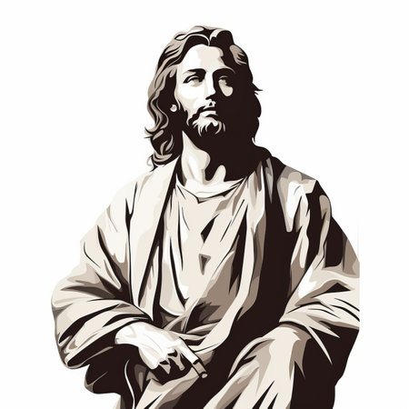 jesus is sitting in a chair with his hands on his kneesの素材