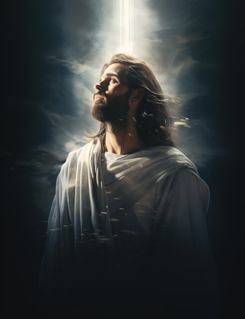 jesus is standing in front of a beam of lightの素材