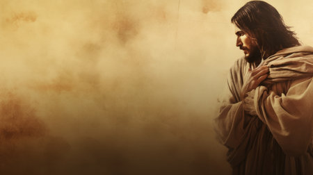 jesus is standing in front of a brown backgroundの素材