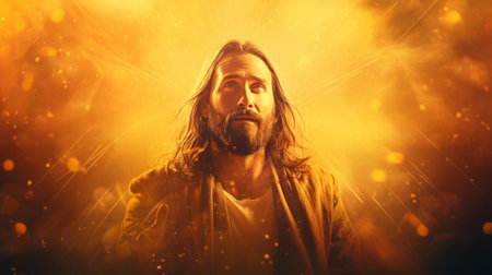 jesus is standing in front of a golden lightの素材